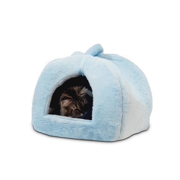 Fluffy Plush Calming Furry Tent House for Cats Sleeping Bed for Persian Cats With Cushion Pillow Sky Blue (Foldable/Machine Washable)