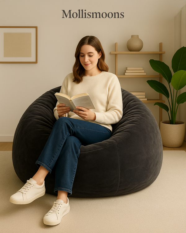 Mollismoons Luxury Faux Fur Bean Bag Cover – Jumbo XXXXL Cozy Chair for Long Hours Sitting, Work from Home & Laptop Use, Premium Washable Dark Grey Cover, Indoor Outdoor (Charcoal Grey)