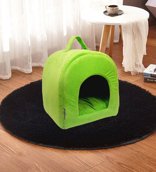 Fluffy Plush Calming Furry Tent House for Cats Sleeping Bed for Persian Cats With Cushion Green (Foldable/Machine Washable)